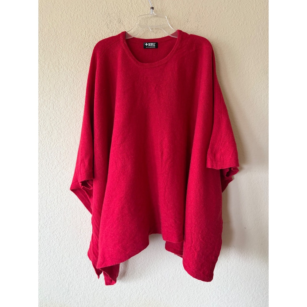Beryll 100% Cashmere Oversized Poncho Sweater Red Crew Neck One Size Upcycle